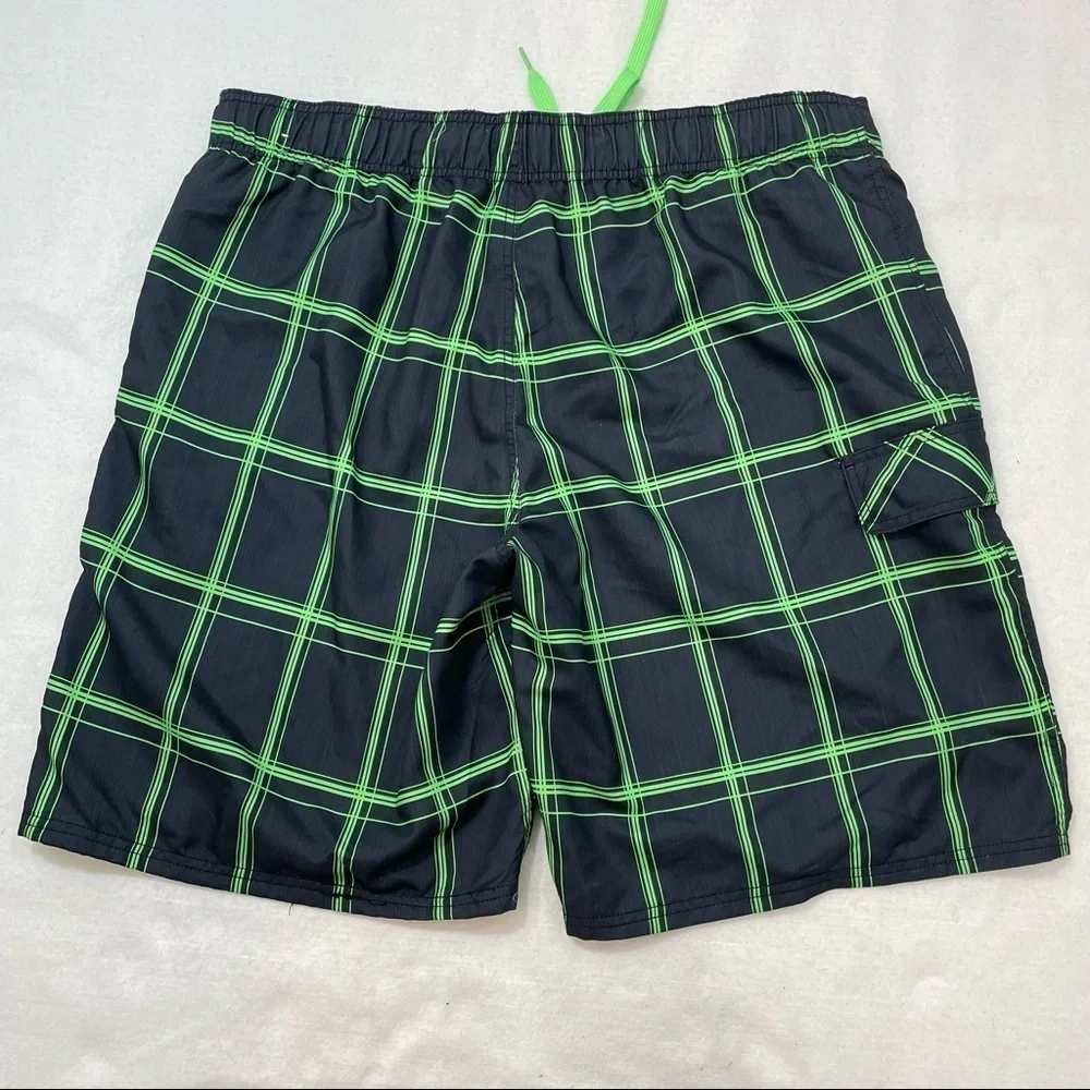 OP lined swim trunks black & green plaid side pocket flat front elastic back XL